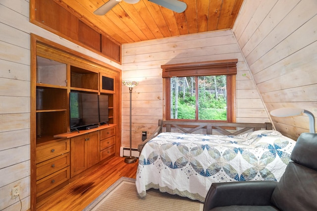6618 Sumac Dr, Grand Lake Twp, MN 55803 - bedroom with baseboard heating, wooden walls, wood ceiling, wood finished floors, and ceiling fan