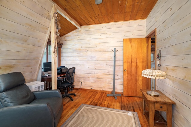 6618 Sumac Dr, Grand Lake Twp, MN 55803 - office space featuring wood ceiling, wood walls, hardwood / wood-style floors, and vaulted ceiling