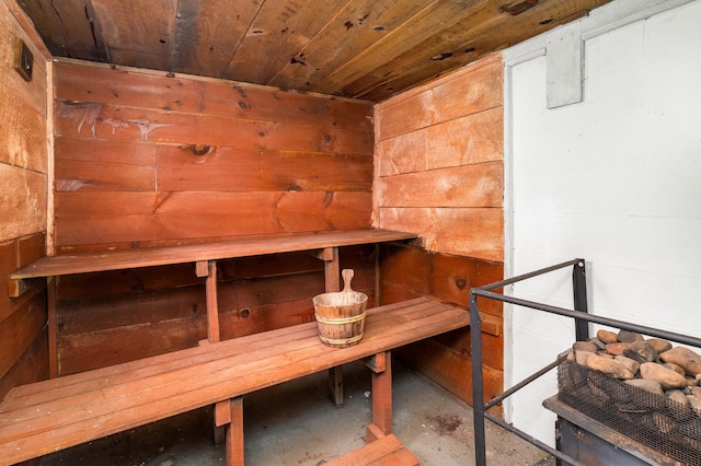 6618 Sumac Dr, Grand Lake Twp, MN 55803 - relaxing sauna / steam room with wooden ceiling and unfinished concrete floors