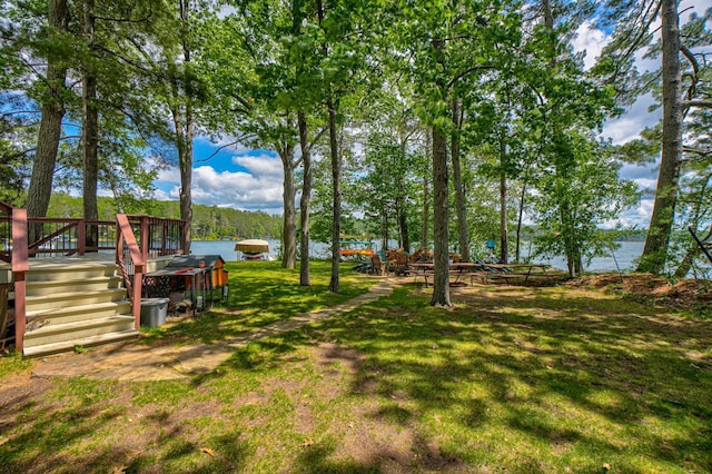 10399 Sandy Beach Rd, Round Lake Twp, WI 54843 - view of grassy yard with a deck with water view