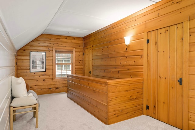4604 39th St, Saint Louis Park, MN 55416 - sitting room featuring lofted ceiling, carpet, wooden walls, and a sauna / steam room