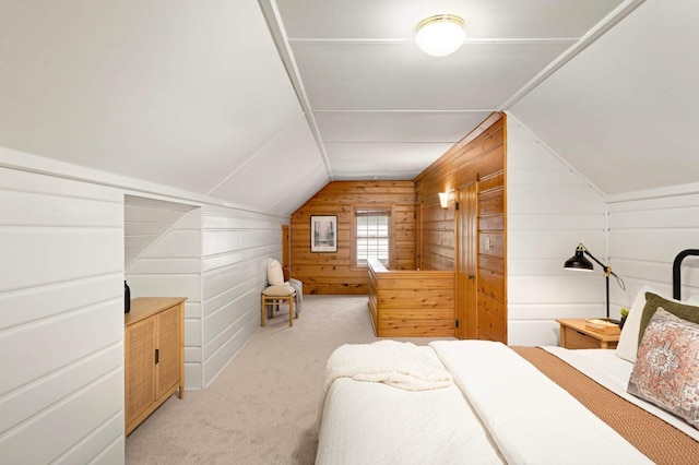 4604 39th St, Saint Louis Park, MN 55416 - bedroom featuring vaulted ceiling, carpet, and wood walls