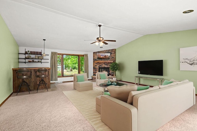 5120 Juniata St, Duluth, MN 55804 - carpeted living area with vaulted ceiling, ceiling fan, a brick fireplace, and a dry bar