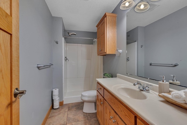 1302 Grizzly Ln, Sartell, MN 56377 - bathroom featuring vanity, curtained shower, a textured ceiling, and tile patterned floors