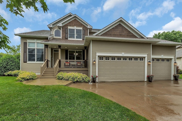 1302 Grizzly Ln, Sartell, MN 56377 - craftsman-style house with covered porch, a garage, driveway, a front lawn, and roof with shingles