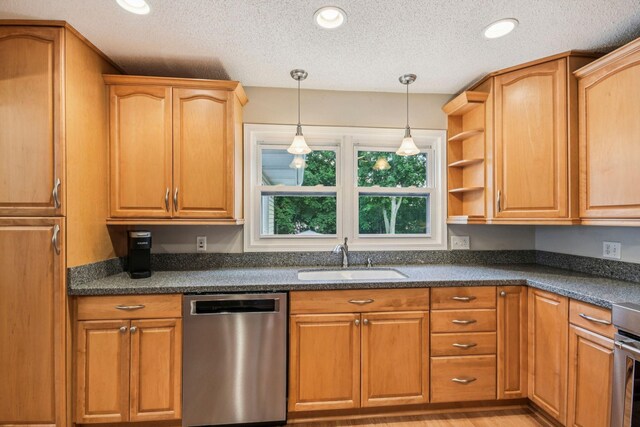 8924 Darnel Rd, Eden Prairie, MN 55347 - kitchen featuring dishwasher, decorative light fixtures, a textured ceiling, open shelves, and dark stone counters