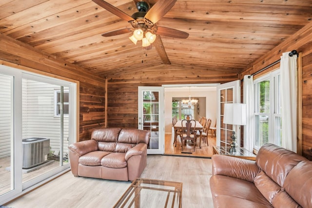 8924 Darnel Rd, Eden Prairie, MN 55347 - living room featuring wood walls, a chandelier, wood finished floors, wood ceiling, and ceiling fan