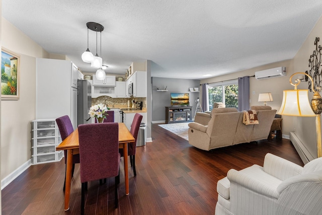 1150 Dellwood St S Unit 306, Cambridge, MN 55008 - dining space with a baseboard radiator, a wall unit AC, dark wood-style flooring, and a textured ceiling