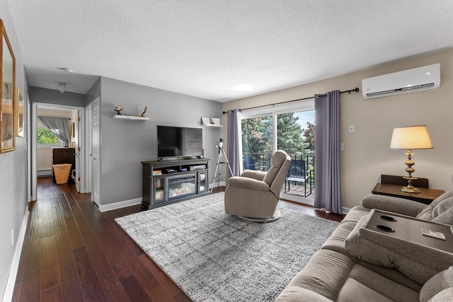 1150 Dellwood St S Unit 306, Cambridge, MN 55008 - living area with a wall unit AC, a textured ceiling, a baseboard radiator, and dark wood finished floors