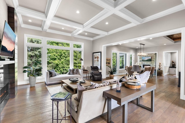1595 Locust Hills Cir, Wayzata, MN 55391 - living room with a stone fireplace, healthy amount of natural light, coffered ceiling, wood finished floors, and beamed ceiling