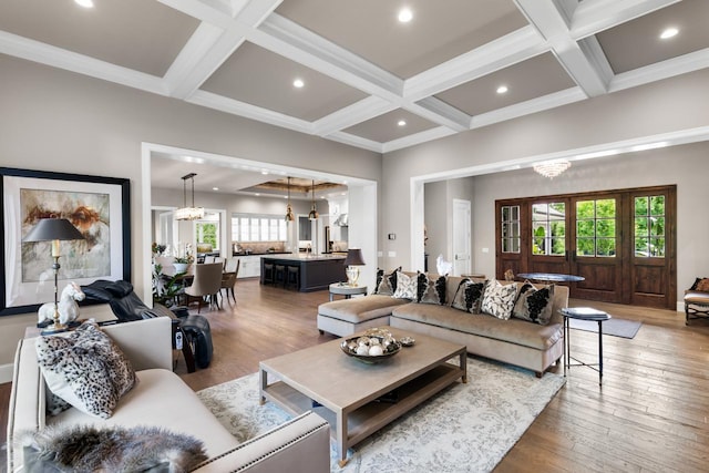 1595 Locust Hills Cir, Wayzata, MN 55391 - living room featuring coffered ceiling, wood finished floors, healthy amount of natural light, beam ceiling, and recessed lighting