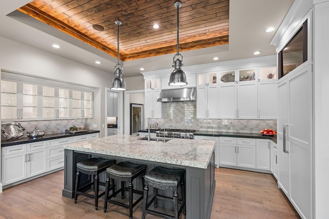 1595 Locust Hills Cir, Wayzata, MN 55391 - kitchen with wood ceiling, a raised ceiling, under cabinet range hood, backsplash, and recessed lighting