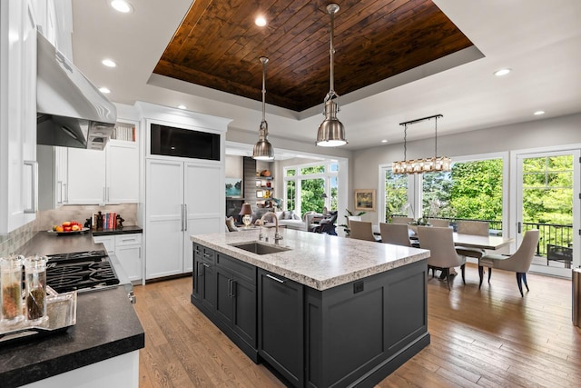 1595 Locust Hills Cir, Wayzata, MN 55391 - kitchen featuring a raised ceiling, under cabinet range hood, wood ceiling, white cabinetry, and light wood finished floors