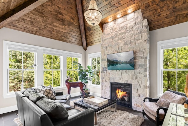 1595 Locust Hills Cir, Wayzata, MN 55391 - living area with a fireplace, plenty of natural light, a chandelier, high vaulted ceiling, and a wood ceiling with exposed beams