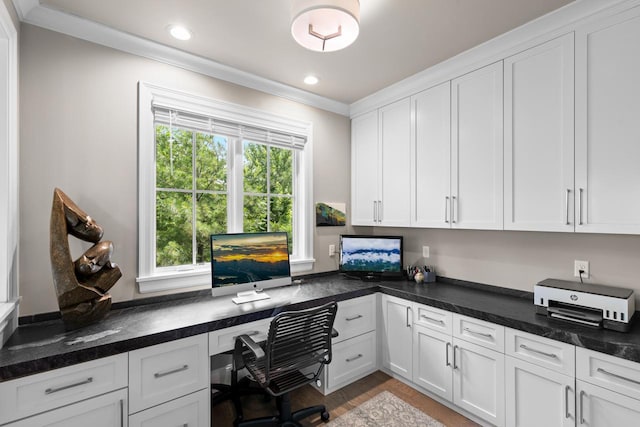1595 Locust Hills Cir, Wayzata, MN 55391 - office space featuring built in study area, ornamental molding, recessed lighting, and wood finished floors