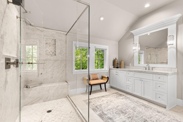 1595 Locust Hills Cir, Wayzata, MN 55391 - full bathroom with a tile shower, vanity, vaulted ceiling, and recessed lighting