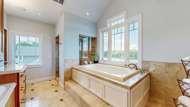 830 Prairie Island Rd N, Winona, MN 55987 - full bathroom with plenty of natural light, tile walls, a bath, a wainscoted wall, and a shower stall