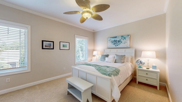 830 Prairie Island Rd N, Winona, MN 55987 - bedroom featuring light colored carpet, ornamental molding, and ceiling fan