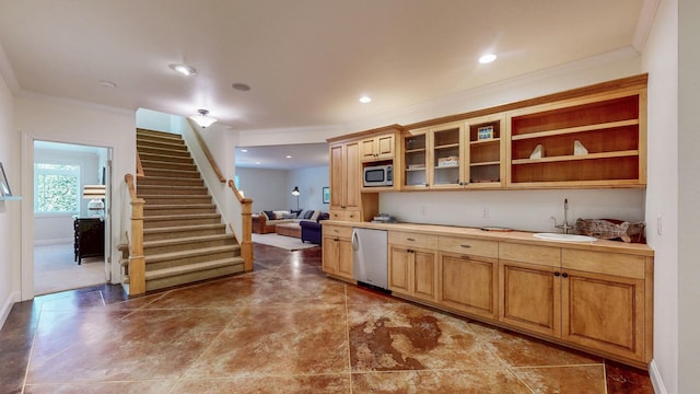 830 Prairie Island Rd N, Winona, MN 55987 - kitchen with stainless steel appliances, ornamental molding, open shelves, light countertops, and glass insert cabinets
