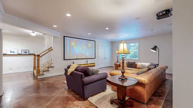 830 Prairie Island Rd N, Winona, MN 55987 - living room with recessed lighting, ornamental molding, stairway, and concrete flooring