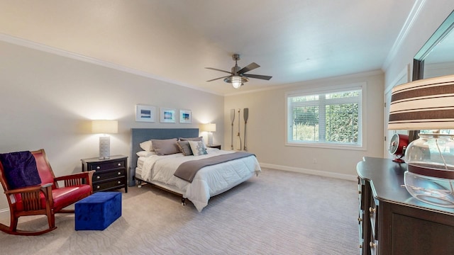 830 Prairie Island Rd N, Winona, MN 55987 - bedroom with light colored carpet, ornamental molding, and a ceiling fan