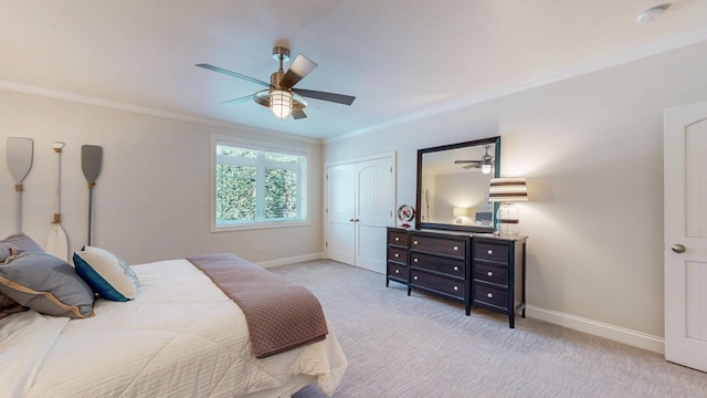 830 Prairie Island Rd N, Winona, MN 55987 - carpeted bedroom featuring crown molding and a ceiling fan