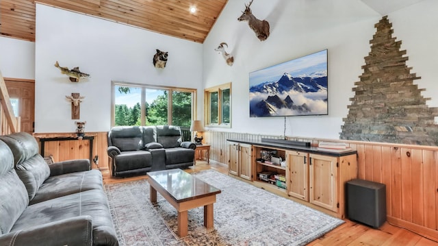 2756 7 5/8 Ave, Chetek, WI 54728 - living room with light wood finished floors, wooden ceiling, a wainscoted wall, and wooden walls