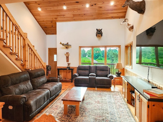 2756 7 5/8 Ave, Chetek, WI 54728 - living area with wooden ceiling, a wainscoted wall, recessed lighting, high vaulted ceiling, and light wood-style flooring