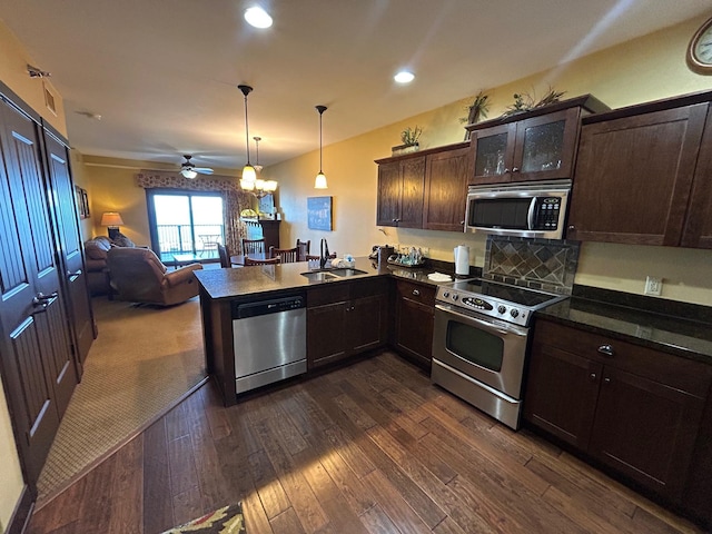 502 Cleveland Blvd W Unit 2300, Walker, MN 56484 - kitchen featuring stainless steel appliances, open floor plan, dark brown cabinets, dark wood-style flooring, and a ceiling fan
