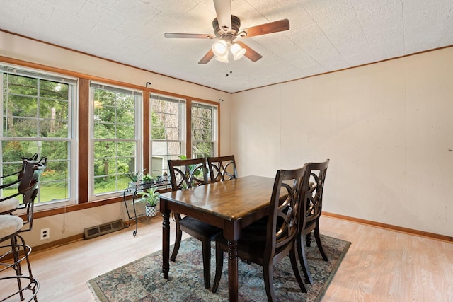 208 12th St SE, Austin, MN 55912 - dining area featuring light wood finished floors, a ceiling fan, and crown molding