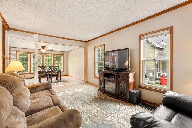 208 12th St SE, Austin, MN 55912 - carpeted living area with ornamental molding and ceiling fan
