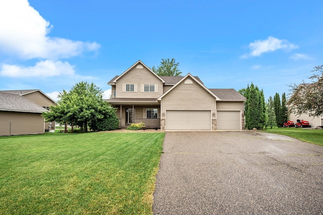 2403 Meadow Dr, Buffalo, MN 55313 - view of front of home with an attached garage, asphalt driveway, a front lawn, covered porch, and roof with shingles