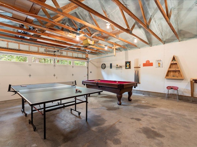 33638 Anderson Ct, Crosslake, MN 56442 - rec room with concrete flooring, pool table, and vaulted ceiling