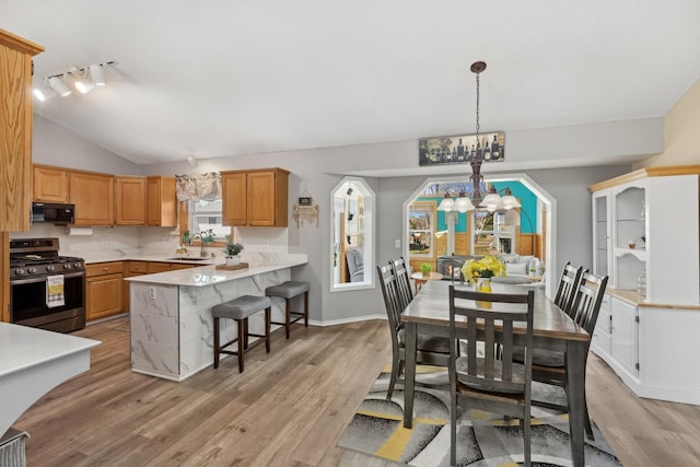 7175 Upper 157th St W, Apple Valley, MN 55124 - dining space featuring a chandelier, light wood-style floors, track lighting, and vaulted ceiling