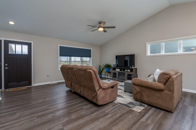 12 Kodiak Ct, North Mankato, MN 56003 - living room featuring lofted ceiling, ceiling fan, dark wood finished floors, and recessed lighting