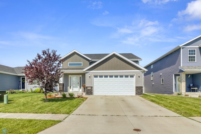 1334 6th St NW, Fargo, ND 58078 - craftsman-style house with stone siding, board and batten siding, an attached garage, concrete driveway, and a front yard