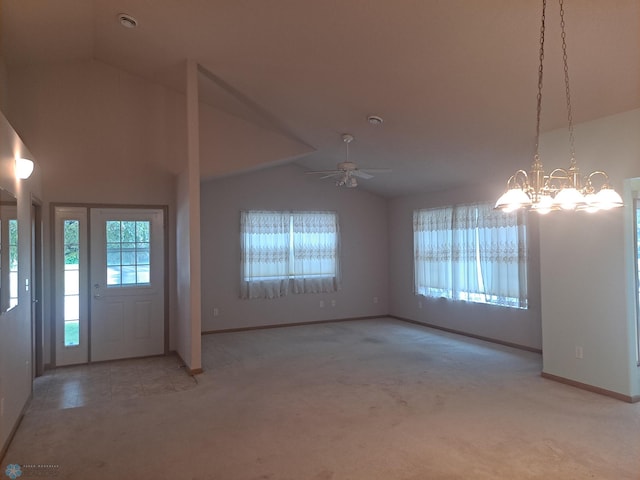 5409 University Dr S Unit D, Fargo, ND 58104 - carpeted foyer entrance featuring vaulted ceiling, a ceiling fan, and a chandelier