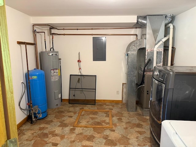 43564 Tamarack River Rd, Ogema Twp, MN 55037 - washroom featuring electric panel, water heater, independent washer and dryer, and stone finish floors