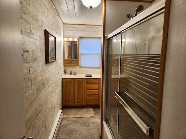 207 Mill Rd, Park Rapids, MN 56470 - full bathroom with a baseboard radiator, vanity, a shower with shower door, and wood ceiling