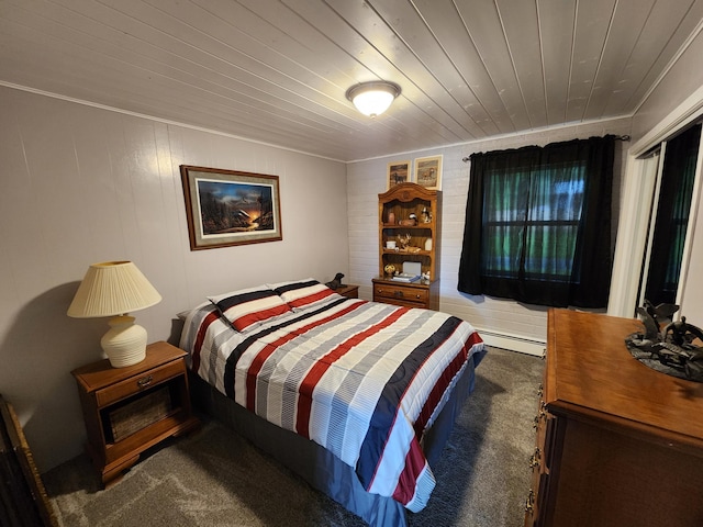 207 Mill Rd, Park Rapids, MN 56470 - carpeted bedroom featuring a baseboard heating unit, wood ceiling, and ornamental molding