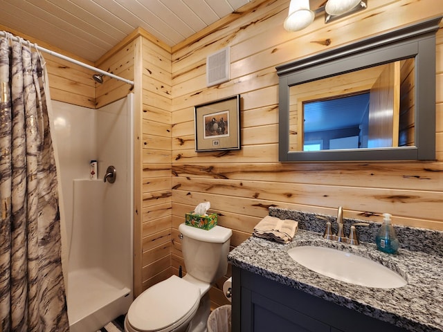 207 Mill Rd, Park Rapids, MN 56470 - full bath with vanity, a shower stall, wooden walls, and wood ceiling