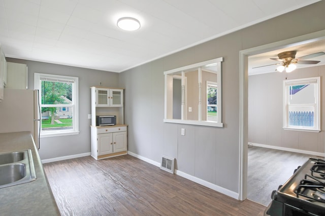 913 12th Ave SE, Austin, MN 55912 - kitchen featuring freestanding refrigerator, wood finished floors, ceiling fan, gas stove, and stainless steel microwave