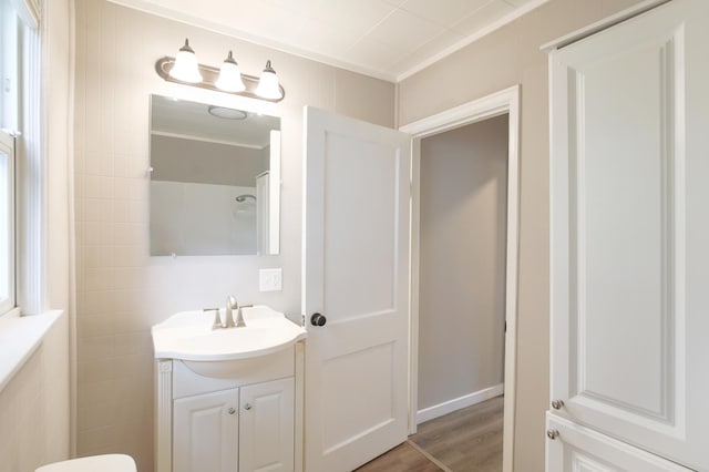 913 12th Ave SE, Austin, MN 55912 - full bathroom with vanity, wood finished floors, and a shower