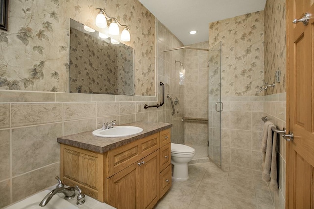 485 Preserve Path W, Saint Paul, MN 55118 - bathroom featuring tile walls, a stall shower, vanity, and tile patterned flooring