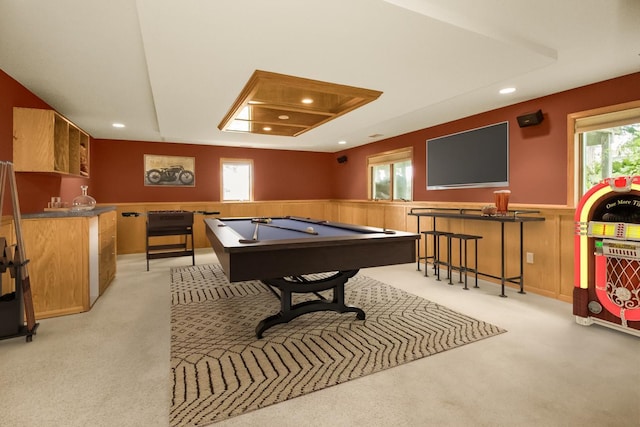 485 Preserve Path W, Saint Paul, MN 55118 - recreation room with light carpet, billiards table, a wainscoted wall, and recessed lighting