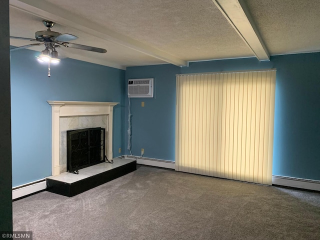 7236 72nd Ln N Unit 202, Brooklyn Park, MN 55428 - unfurnished living room featuring a baseboard radiator, beamed ceiling, a ceiling fan, carpet floors, and a high end fireplace