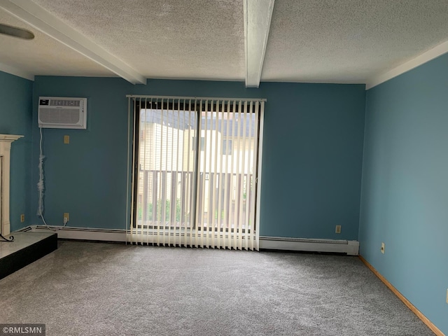 7236 72nd Ln N Unit 202, Brooklyn Park, MN 55428 - unfurnished room with a wall mounted AC, a textured ceiling, beam ceiling, a baseboard heating unit, and carpet flooring