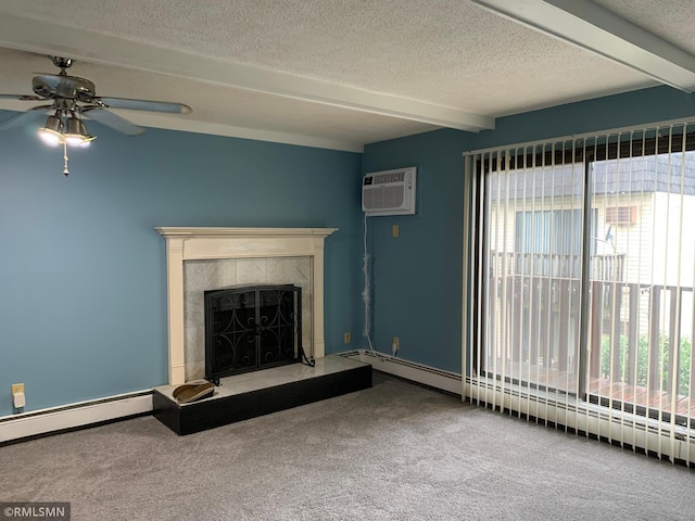 7236 72nd Ln N Unit 202, Brooklyn Park, MN 55428 - unfurnished living room featuring healthy amount of natural light, beam ceiling, a ceiling fan, carpet flooring, and a fireplace with raised hearth