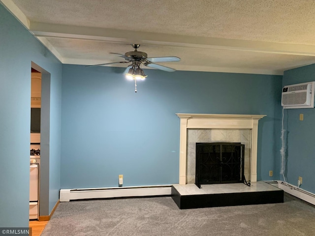 7236 72nd Ln N Unit 202, Brooklyn Park, MN 55428 - unfurnished living room with beamed ceiling, baseboard heating, a ceiling fan, a wall unit AC, and a premium fireplace