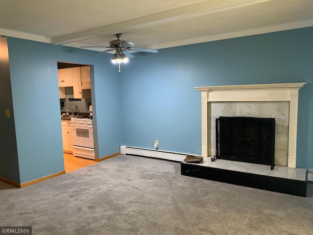 7236 72nd Ln N Unit 202, Brooklyn Park, MN 55428 - unfurnished living room featuring baseboard heating, light colored carpet, ceiling fan, beamed ceiling, and a high end fireplace